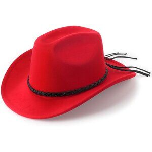 Women's Red Western Braided Leather Band Buckle Classic Fedora Felt Cowboy Hat